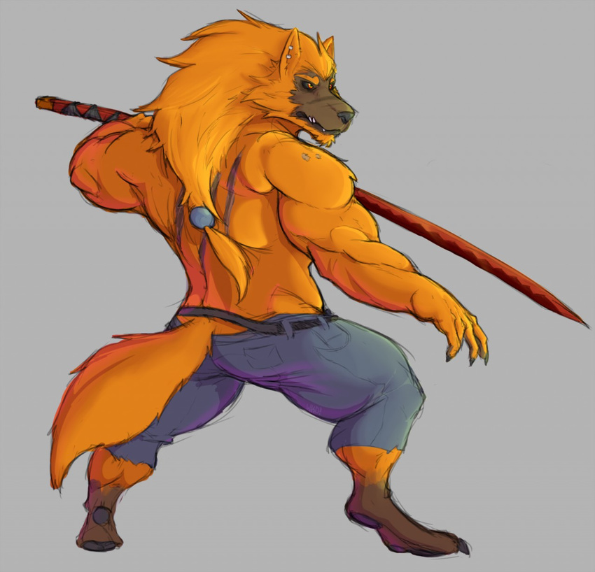 barefoot canine clothed clothing digitigrade fighting_stance furgonomics holding_object holding_weapon jeans katana male mammal melee_weapon muscular muscular_male oversized_weapon pants rear_view sword tight_clothing topless weapon were werewolf wkd