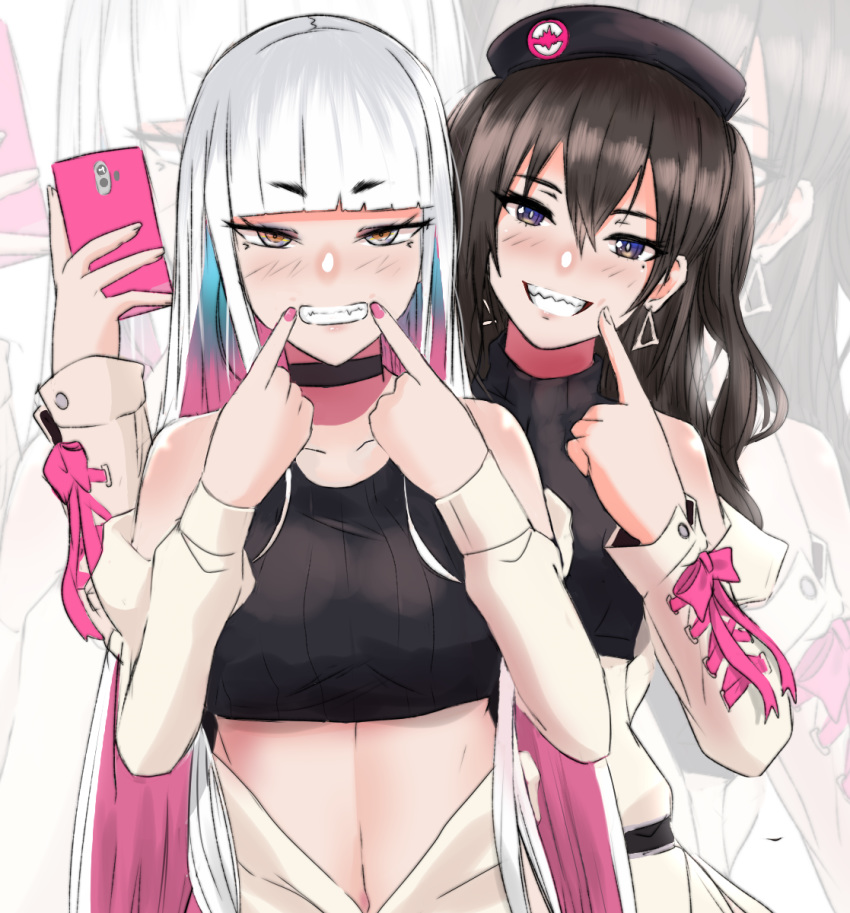 2girls :d bangs bare_shoulders black_choker black_hair black_hat blunt_bangs bow breasts bright_pupils brown_eyes character_request choker collarbone commentary_request crop_top detached_sleeves earrings eyebrows_visible_through_hair finger_to_mouth fingernails fingers_to_mouth grin hair_between_eyes hat highres hime_cut idolmaster idolmaster_cinderella_girls jewelry long_hair long_sleeves medium_breasts midriff mole mole_under_eye multicolored_hair multiple_girls nail_polish navel open_mouth pink_bow pink_hair pink_nails purple_eyes saggitary sharp_teeth sidelocks skindentation smile straight_hair sunazuka_akira teeth triangle_earrings tsurime two-tone_hair upper_body zoom_layer