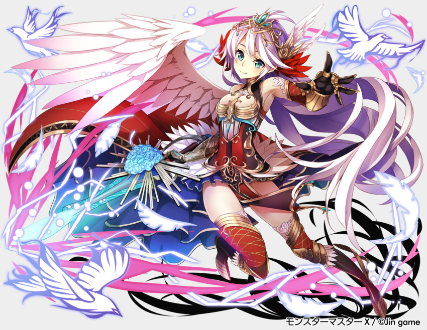 1girl blue_eyes blue_flower blue_rose blue_skirt breasts cleavage feathered_wings feathers floating_hair flower hair_feathers layered_skirt leg_up long_hair medium_breasts monster_master_x rose silver_hair single_wing skirt solo tokumaru very_long_hair white_feathers white_wings wings