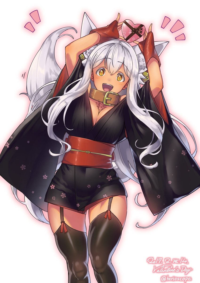 1girl :d animal_ears arms_up artist_name black_legwear box breasts cleavage collar dated fox_ears fox_tail garter_straps heart heart-shaped_box heriwo_(haraheridou) highres japanese_clothes kimono large_breasts long_hair looking_at_viewer obi open_mouth orange_eyes original sash short_kimono silver_hair simple_background slit_pupils smile solo tail tan tattoo thighhighs twitter_username valentine white_background wide_sleeves