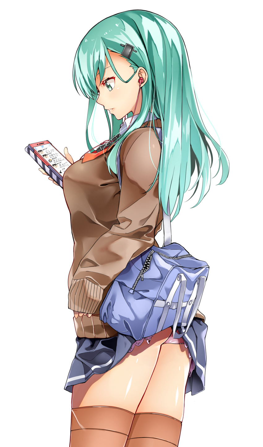 accidental_exposure ascot ass bag blazer blue_skirt breasts brown_jacket brown_legwear byte_(allbyte) cellphone closed_mouth collared_shirt cowboy_shot duffel_bag earphones from_side green_eyes green_hair highres holding holding_phone jacket kantai_collection long_hair long_sleeves looking_at_phone medium_breasts orange_neckwear panties pantyshot pantyshot_(standing) partially_unzipped phone profile school_bag school_uniform shiny shiny_skin shirt simple_background skirt skirt_lift sleeves_past_wrists smartphone solo standing striped striped_legwear suzuya_(kantai_collection) sweater thighs underwear wardrobe_malfunction white_background wing_collar zipper