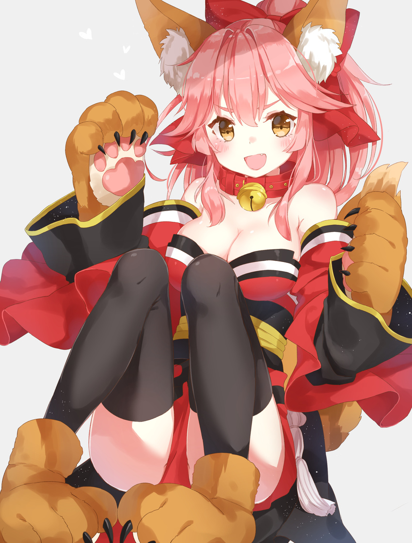 :d animal_ears bell black_legwear blush body_blush bow breasts brown_eyes claws cleavage collar collarbone detached_sleeves fang fate/grand_order fate_(series) fox_ears fox_tail gloves hair_bow highres invisible_chair japanese_clothes jimmy jingle_bell kimono knees_up large_breasts long_hair long_sleeves looking_at_viewer open_mouth paw_gloves paws pink_hair ponytail red_bow red_kimono sash sitting smile tail tamamo_(fate)_(all) tamamo_cat_(fate) thick_eyebrows thighhighs underbust v-shaped_eyebrows wide_sleeves