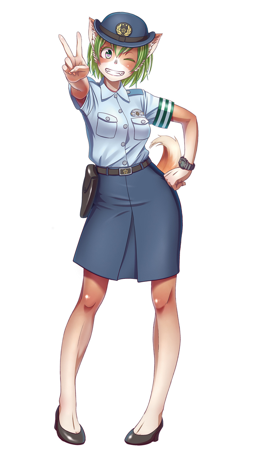 animal_ears armpit_peek dog_ears dog_girl dog_tail female_service_cap full_body furry green_eyes green_hair hand_on_hip highres pigeon-toed police police_uniform policewoman short_hair simple_background solo standing tail tewatasanaiinu tokyo_metropolitan_police_department uniform v white_background wokada