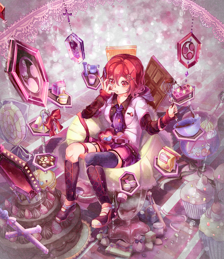black_legwear blush box chocolate commentary_request cookie cross cup egg finger_in_mouth flour food full_body gift gift_box hair_between_eyes hair_ornament highres horikawa_raiko instrument jacket long_sleeves looking_at_viewer milk milk_carton necktie open_clothes open_jacket plaid plaid_shirt purple_neckwear purple_skirt red_eyes red_hair shirt shoes shometsu-kei_no_teruru short_hair single_thighhigh skirt sneakers solo taiko_drum thighhighs touhou whisk white_jacket