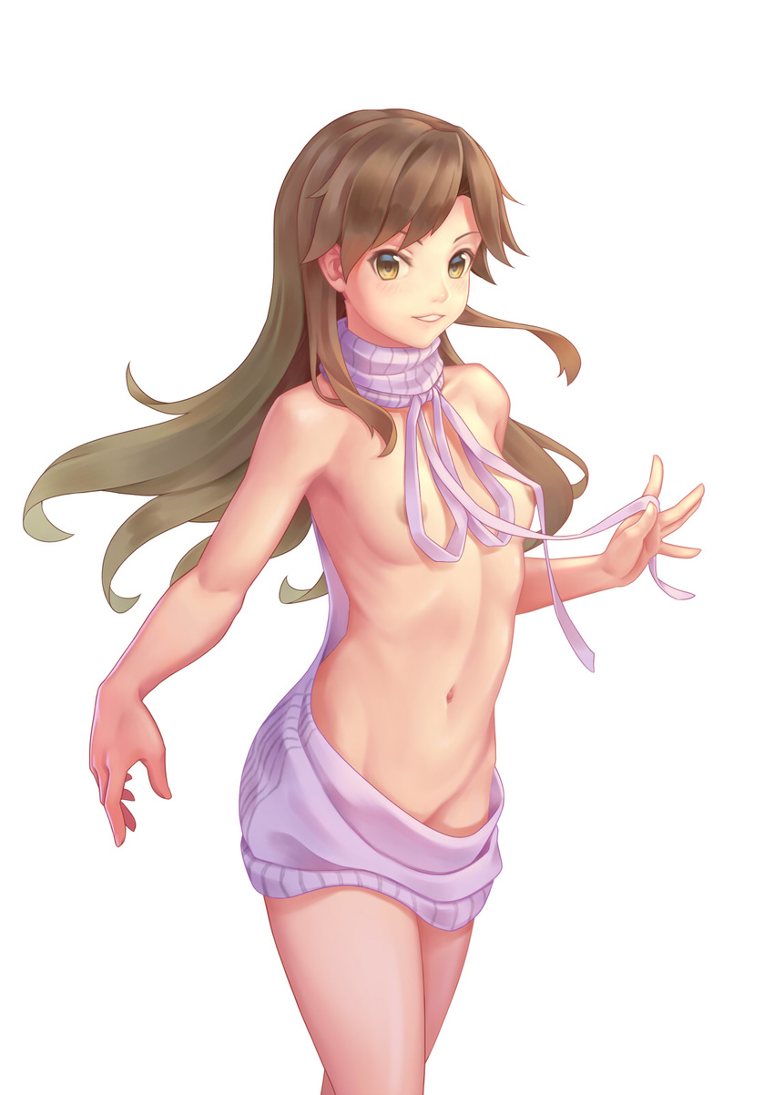 arashio_(kantai_collection) bigrbear breasts brown_eyes brown_hair collarbone grin highres kantai_collection lips long_hair looking_at_viewer meme_attire navel nipples ribbed_sweater simple_background small_breasts smile solo sweater turtleneck turtleneck_sweater virgin_killer_sweater wardrobe_error white_background