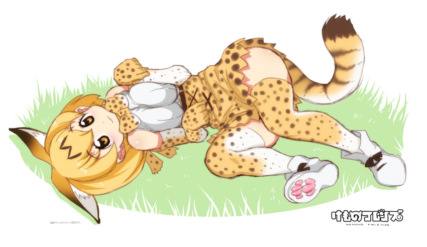 animal_ears bare_shoulders blonde_hair breasts copyright_name elbow_gloves gloves kemono_friends looking_at_viewer lying medium_breasts mudou_eichi on_back paw_pose paw_shoes serval_(kemono_friends) serval_ears serval_tail shoes smile solo striped_tail tail thighhighs twitter_username yellow_eyes