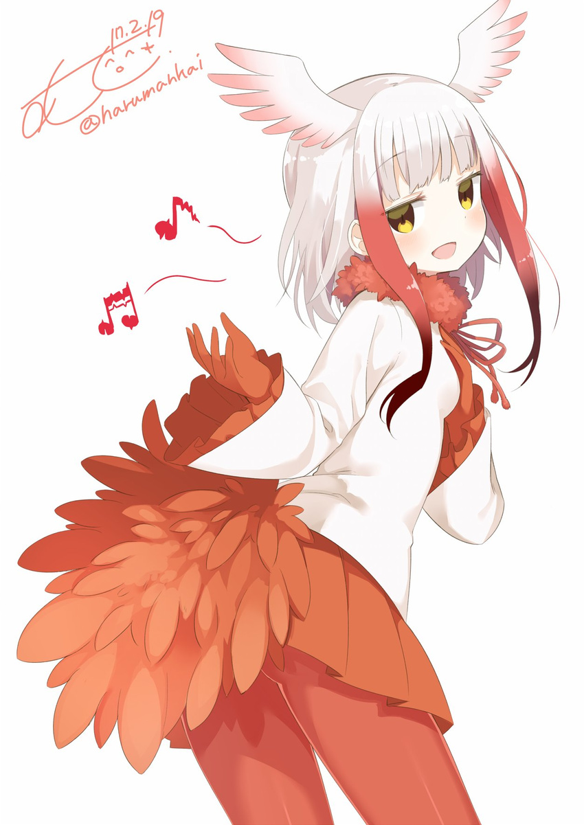 :d bad_singing bangs beamed_sixteenth_notes bird_tail blunt_bangs cowboy_shot dated dot_nose drawstring duplicate eighth_note eyebrows_visible_through_hair eyelashes frilled_sleeves frills from_behind from_side gradient_hair hand_on_own_chest head_wings highres japanese_crested_ibis_(kemono_friends) jitome jpeg_artifacts kemono_friends long_sleeves looking_at_viewer looking_back muku_(muku-coffee) multicolored_hair music musical_note open_hand open_mouth pantyhose pleated_skirt red_legwear red_skirt shirt short_hair short_hair_with_long_locks sidelocks signature simple_background singing skirt smile solo tail twitter_username two-tone_hair white_background white_hair white_shirt wings yellow_eyes