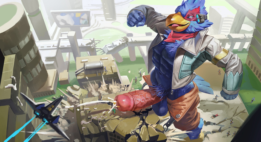 anthro arwing avian bird building canine city clothed clothing cum destruction detailed_background erection falco_lombardi fox fox_mccloud jiandou macro male male/male mammal nintendo penis pink_penis star_fox video_games wolf wolf_o'donnell