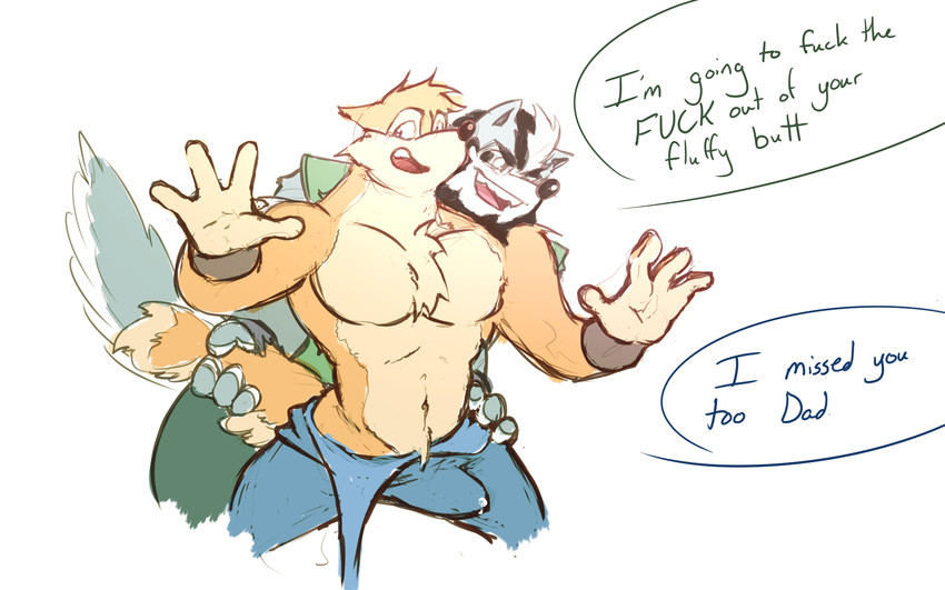 age_difference armpits bulge canine dialogue erection father father_and_son incest male male/male mammal muscular parent son unknown_artist wolf wuffle wuffle's_dad