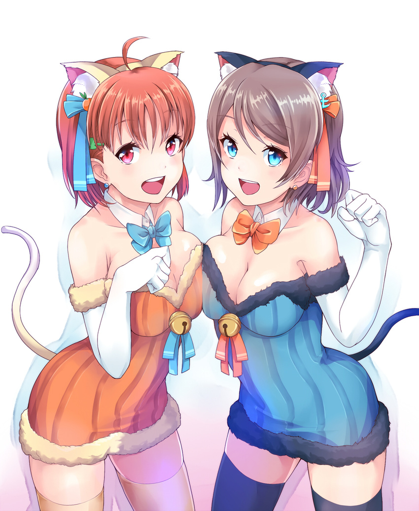 ahoge alternate_costume animal_ears asymmetrical_docking bare_shoulders bell blue_eyes blush bow bowtie braid breast_press breasts brown_hair cat_ears cat_tail cleavage elbow_gloves fake_animal_ears fake_tail gloves grey_hair hair_ornament highres jingle_bell kanabun large_breasts looking_at_viewer love_live! love_live!_sunshine!! multiple_girls open_mouth orange_hair paw_pose red_eyes short_hair tail takami_chika watanabe_you white_gloves