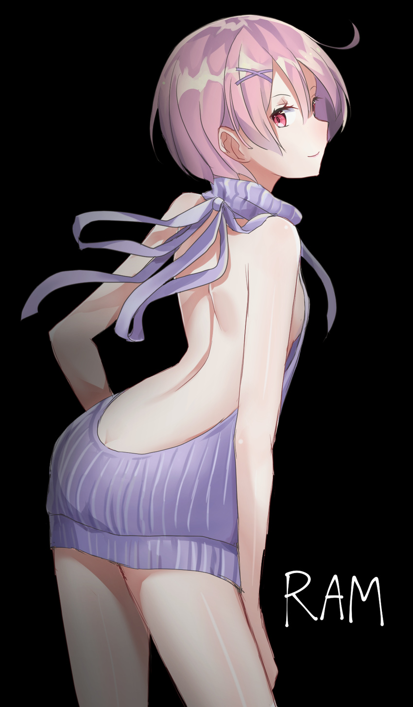 arched_back ass backless_dress backless_outfit bangs bare_back bare_shoulders black_background breasts butt_crack character_name closed_mouth commentary_request cowboy_shot dress from_behind hair_between_eyes hair_ornament halterneck highres looking_at_viewer looking_back meme_attire naked_sweater pink_hair purple_sweater ram_(re:zero) re:zero_kara_hajimeru_isekai_seikatsu red_eyes ribbed_sweater short_hair sideboob simple_background small_breasts smile solo sweater sweater_dress thighs turtleneck turtleneck_sweater virgin_killer_sweater x_hair_ornament yuzouni