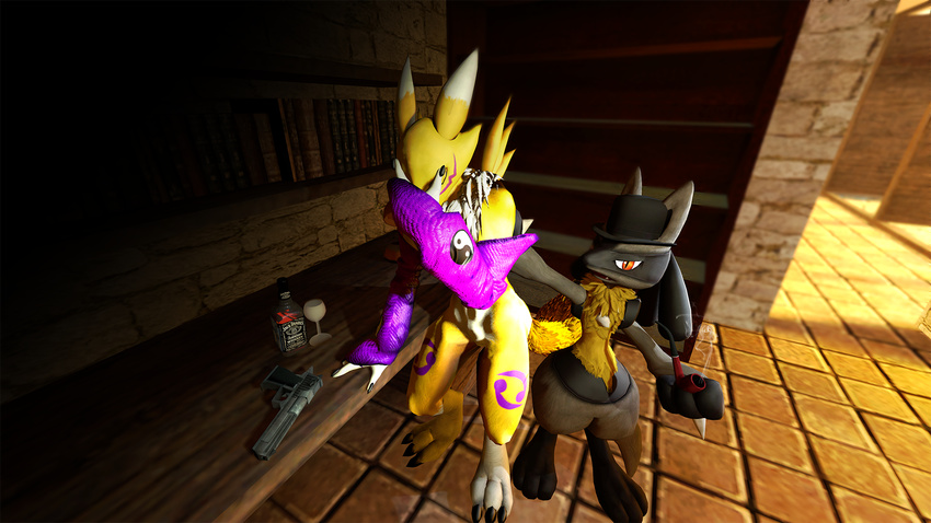 3d_(artwork) anthro beverage canine digimon digital_media_(artwork) fox garry's_mod garrysmod gun lordzbacon lucario mammal nintendo pok&eacute;mon ranged_weapon renamon video_games weapon