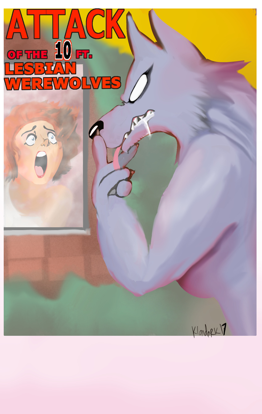 anthro black_nose breasts canine drooling duo english_text eyelashes female fur grey_fur hair human kl0ndike mammal open_mouth red_hair saliva sharp_teeth stated_homosexuality teeth text tongue tongue_out were werewolf white_eyes window wolf