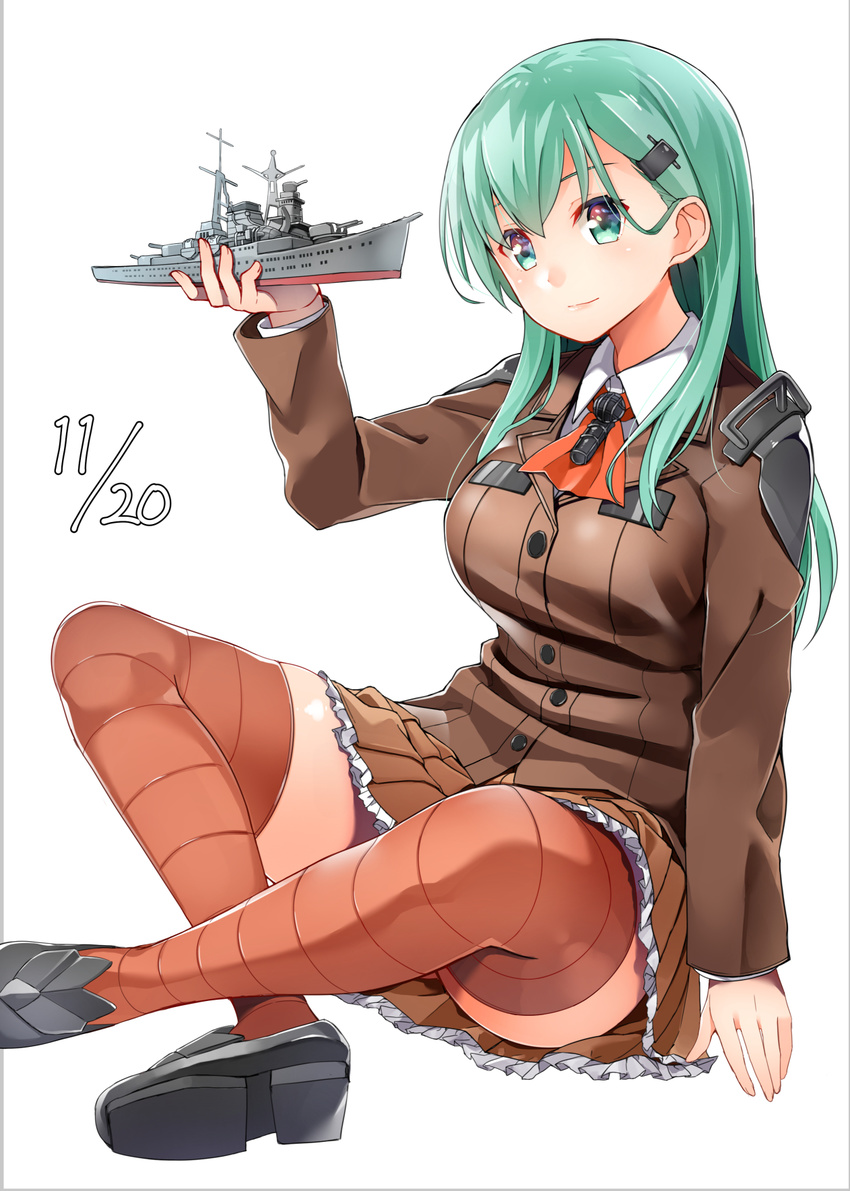 aqua_eyes arm_at_side black_footwear blazer blush breasts brown_jacket brown_skirt buttons byte_(allbyte) closed_mouth collared_shirt crossed_ankles dated frilled_skirt frills hair_ornament hairclip head_tilt highres holding indian_style jacket kantai_collection long_hair long_sleeves medium_breasts miniature model_ship orange_legwear pleated_skirt shirt shoes simple_background sitting skirt smile solo striped striped_legwear suzuya_(cruiser) suzuya_(kantai_collection) white_background white_shirt wing_collar