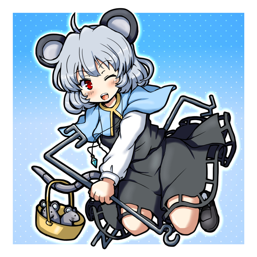 ;d ahoge animal_ears basket black_footwear blue_background capelet dowsing_rod eruru_(erl) full_body grey_hair grey_skirt grey_vest highres jewelry long_sleeves looking_at_viewer mouse mouse_ears mouse_girl mouse_tail nazrin one_eye_closed open_mouth pendant polka_dot polka_dot_background red_eyes shoes skirt smile solo tail touhou vest