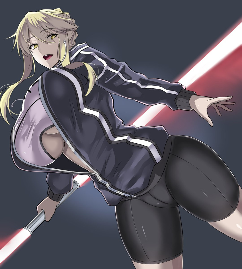 artoria_pendragon_(all) artoria_pendragon_(lancer_alter) bangs bike_shorts black_background black_jacket blonde_hair braid breasts center_opening cosplay cowboy_shot crotch_seam double-blade dutch_angle energy_sword fate/grand_order fate_(series) from_below hair_bun highres holding holding_sword holding_weapon huge_breasts jacket lightsaber long_hair midriff mysterious_heroine_x_(alter) mysterious_heroine_x_(alter)_(cosplay) name_tag saberstaff shirt sidelocks solo swept_bangs sword t-shirt takara_joney taut_clothes taut_shirt thick_thighs thighs track_jacket underboob weapon white_shirt yellow_eyes