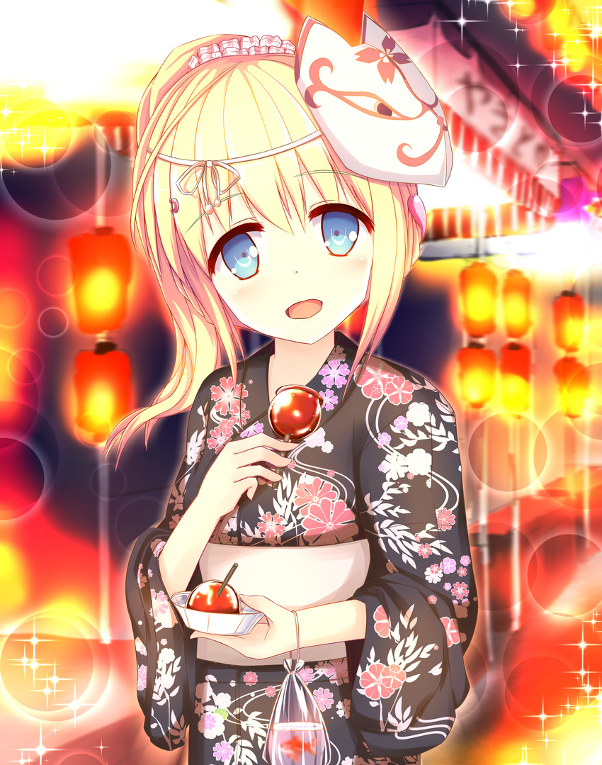 absurdres blonde_hair blue_eyes clover_days eyebrows_visible_through_hair hair_ornament hair_scrunchie high_ponytail highres holding japanese_clothes kimono lens_flare long_hair looking_at_viewer mask mask_on_head open_mouth sash scrunchie solo standing takakura_anzu unwitherer yukata