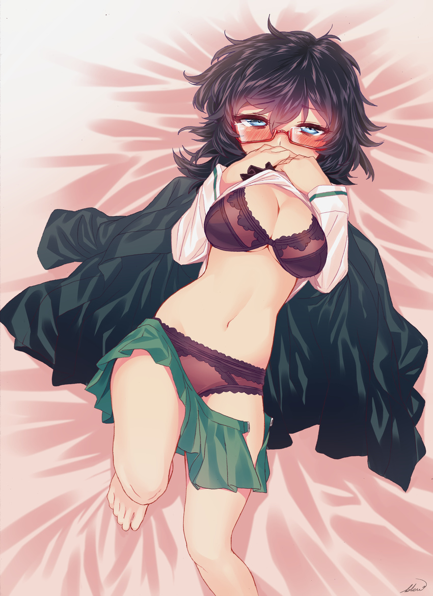artist_name barefoot bed_sheet black_hair blew_andwhite blue_eyes blush bra breasts girls_und_panzer glasses green_skirt hair_between_eyes hands_over_own_mouth highres large_breasts long_sleeves looking_at_viewer lying navel on_back on_bed open_clothes open_skirt oryou_(girls_und_panzer) panties pleated_skirt purple_bra purple_panties red-framed_eyewear shirt shirt_lift short_hair skirt solo underwear white_shirt