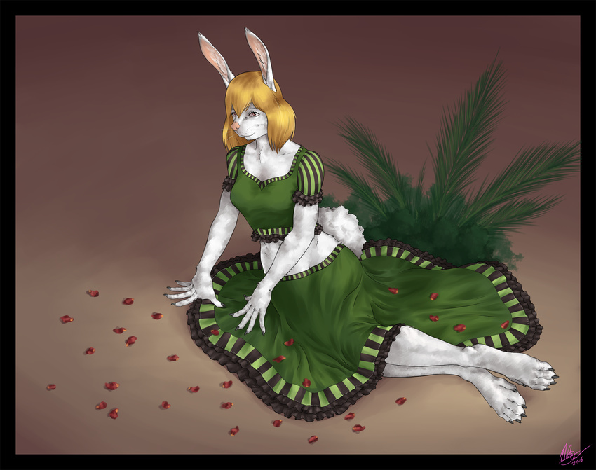 2016 anthro big_ears black_claws blonde_hair carrot_(one_piece) claws clothing dress feet fmeale fur hair lagomorph mammal midriff minkmen_(one_piece) one_piece pinup pose rabbit red_eyes rodenbeard whiskers white_fur