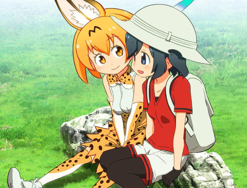 animal_ears backpack bag bare_shoulders between_legs black_gloves black_hair blue_eyes bow bowtie breasts collarbone commentary_request duplicate elbow_gloves eyebrows_visible_through_hair eyelashes feathers gloves grass hand_between_legs hat hat_feather helmet highres jpeg_artifacts kaban_(kemono_friends) kemono_friends looking_at_another looking_away medium_breasts multiple_girls official_style orange_eyes orange_hair outdoors pantyhose pith_helmet red_shirt ribbon rock sanpaku sat-c serval_(kemono_friends) serval_ears serval_print shadow shirt shoe_ribbon short_hair shorts sitting skirt sleeveless sleeveless_shirt smile socks tareme thighhighs white_footwear white_shirt