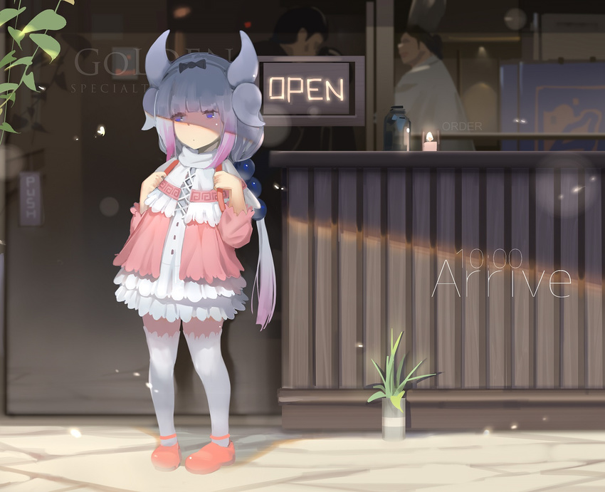 :o backpack bad_id bad_pixiv_id bag bangs beads black_bow black_hairband blouse blue_eyes blunt_bangs bottle bow buttons cafe capelet child cross-laced_clothes day dragon_girl dragon_horns dress expressionless flat_chest flower_pot frilled_capelet frilled_skirt frills full_body fur_trim gothic_lolita gradient gradient_hair hair_beads hair_bow hair_ornament hairband hana_mori hands_up highres horns jitome kanna_kamui kobayashi-san_chi_no_maidragon lavender_hair leaf legs_apart lolita_fashion long_hair long_sleeves looking_away low_twintails microdress multicolored_hair open_mouth outdoors plant purple_hair randoseru red_footwear shoes skirt solo standing tail thighhighs timestamp twintails white_hair white_legwear