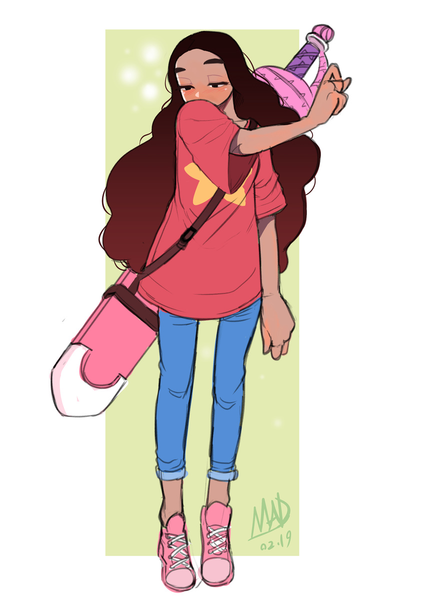absurdres blush borrowed_garments brown_hair clothes_sniffing connie_maheswaran dark_skin full_body highres long_hair oversized_clothes pk4g scabbard sheath smelling solo star steven_universe strap weapon weapon_on_back