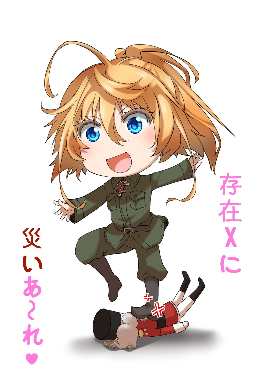 ahoge anger_vein being_x blonde_hair blue_eyes boots check_translation chibi hal_(goshujinomocha) highres iron_cross military military_uniform nutcracker ponytail solo stepped_on tanya_degurechaff translation_request uniform youjo_senki