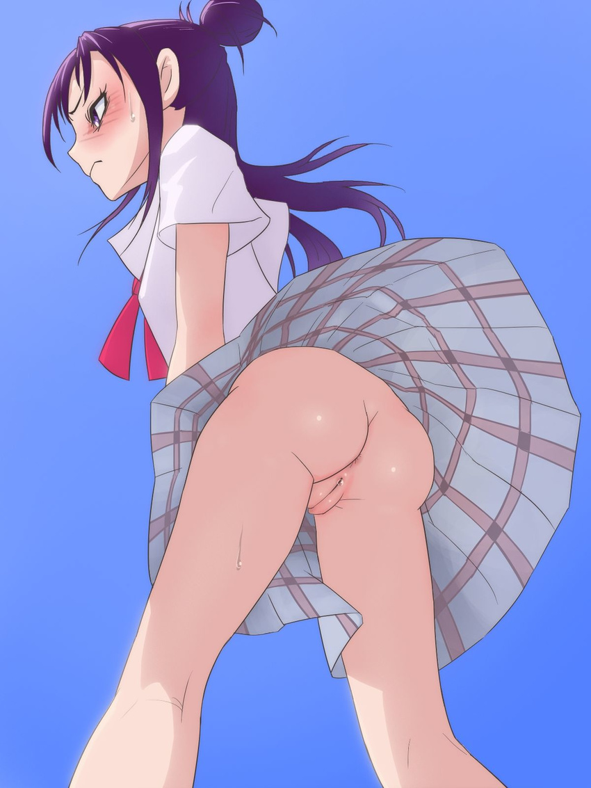 1girl ass blue_background blush closed_mouth embarrassed female from_below futari_wa_precure_splash_star long_hair mishou_mai muramura_hito no_panties partially_visible_anus precure profile purple_eyes purple_hair pussy pussy_juice short_sleeves simple_background solo standing sweat uncensored underwear upskirt