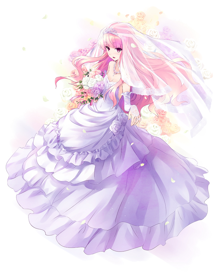 bouquet breasts bridal_veil cleavage collarbone covered_navel detached_sleeves diadem dress eyebrows_visible_through_hair floating_hair flower full_body highres holding holding_bouquet jewelry long_hair louise_francoise_le_blanc_de_la_valliere necklace official_art open_mouth orange_flower pink_flower pink_hair purple_flower red_eyes ring simple_background sleeveless sleeveless_dress small_breasts solo standing strapless strapless_dress usatsuka_eiji veil very_long_hair wedding_dress white_background white_dress white_flower zero_no_tsukaima