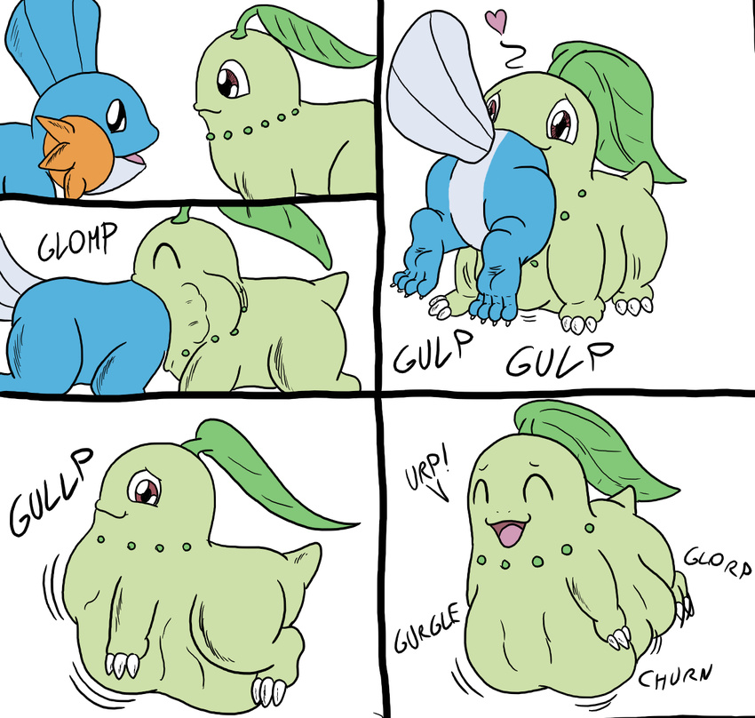 belly big_belly chikorita comic feral mudkip nintendo oral_vore pok&eacute;mon same_size_vore simple_background sound_effects sparky_the_chu swallowing video_games vore white_background willing_vore
