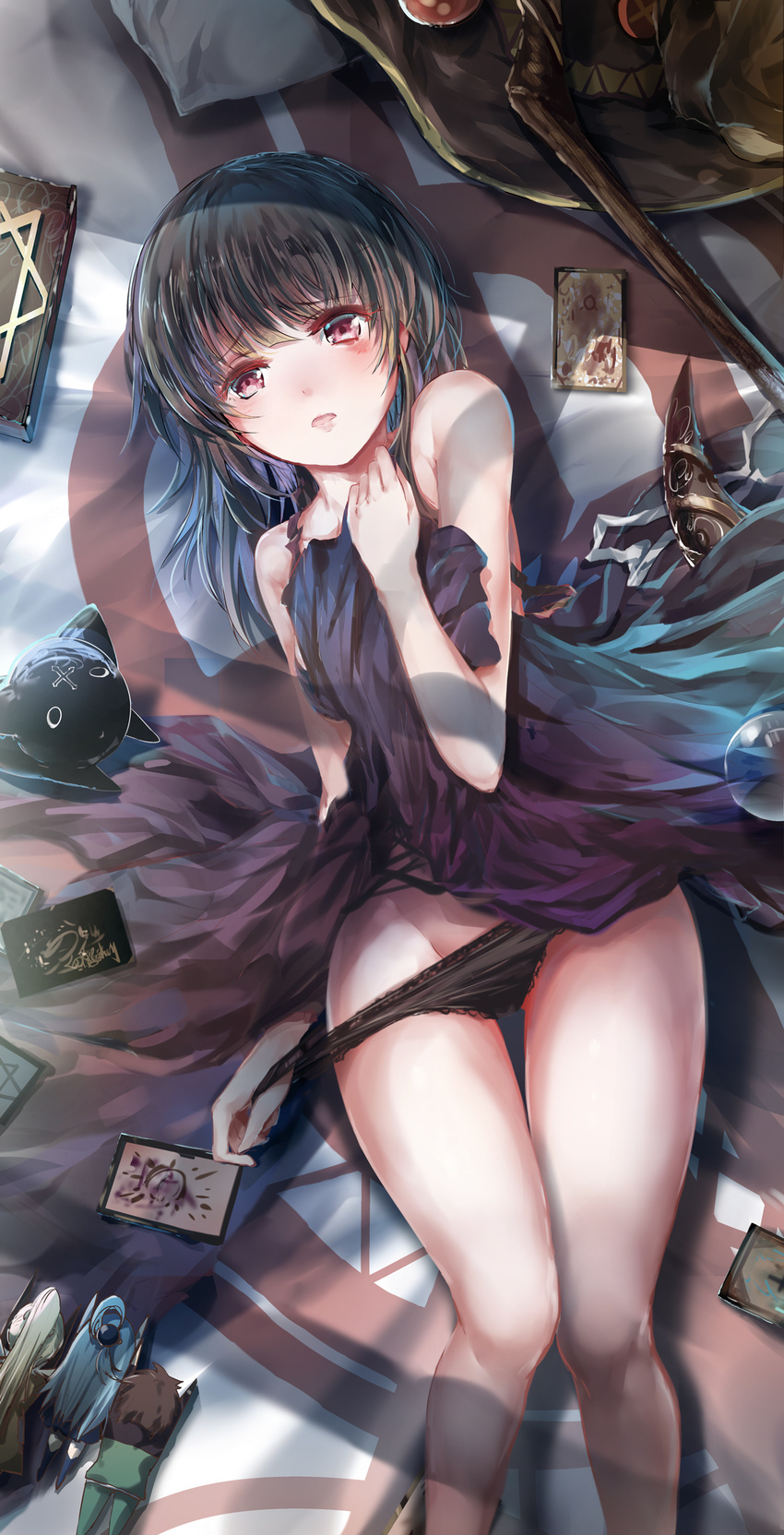 animal aqua_(konosuba) bangs bare_shoulders bed_sheet black_cat black_hair black_panties blue_hair book breasts brown_hair brown_hat camisole card cat chomusuke clothes_tug cowboy_shot darkness_(konosuba) desakey eyebrows_visible_through_hair grimoire groin hand_on_own_chest hand_up hat hat_removed headwear_removed highres kono_subarashii_sekai_ni_shukufuku_wo! lingerie long_hair looking_at_viewer lying megumin on_back on_bed open_mouth panties panty_pull pillow ponytail pulled_by_self red_eyes satou_kazuma short_hair short_hair_with_long_locks sidelocks sleeveless small_breasts solo spaghetti_strap staff thigh_gap track_suit underwear witch_hat