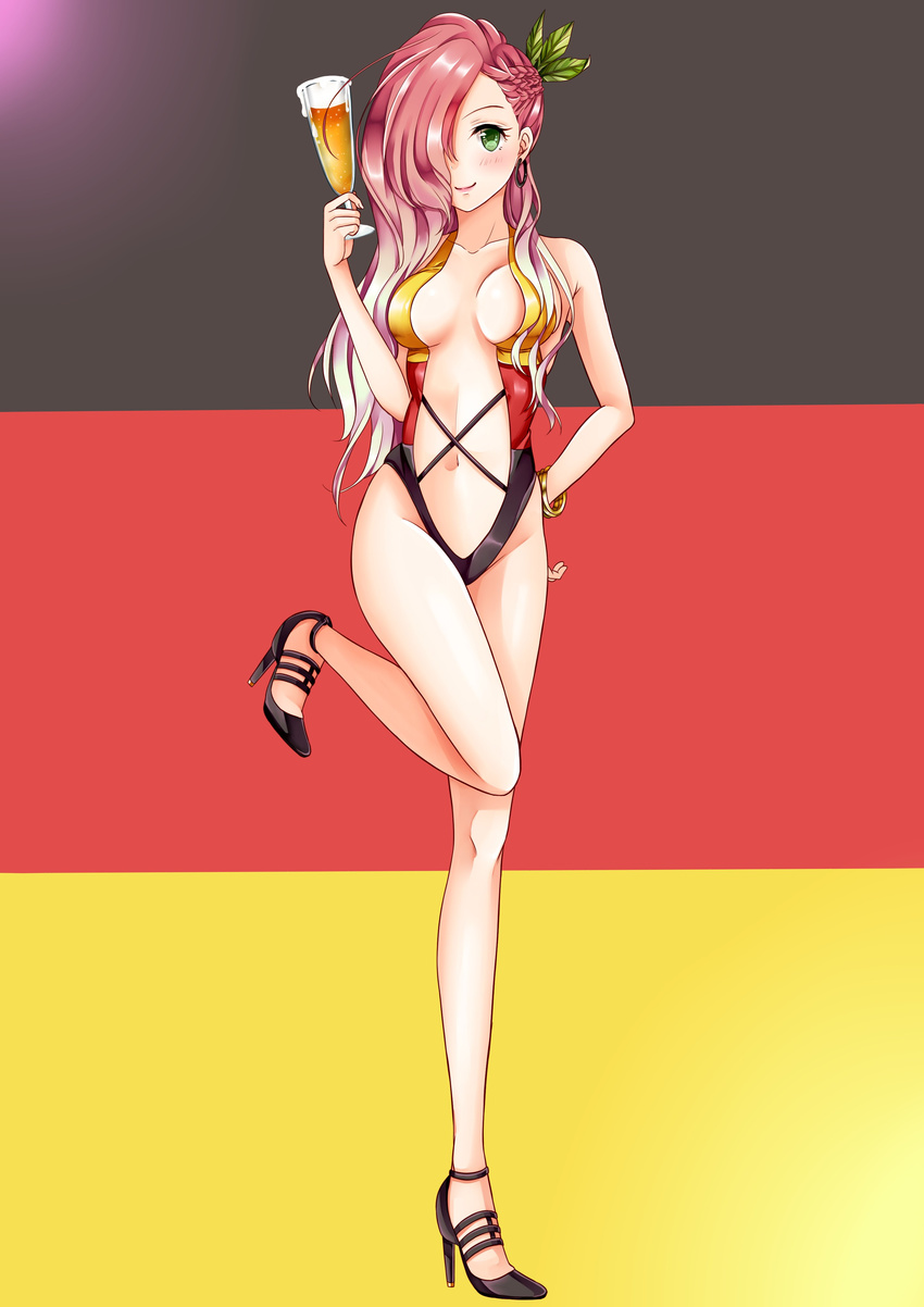 absurdres alcohol beer bikini breasts collarbone commentary_request cup drinking_glass earrings flag_print full_body german_flag german_flag_bikini germany green_eyes groin hand_on_hip high_heels highres holding holding_cup jewelry long_hair medium_breasts original pink_hair smile solo standing standing_on_one_leg striped swimsuit yoshida_iyo