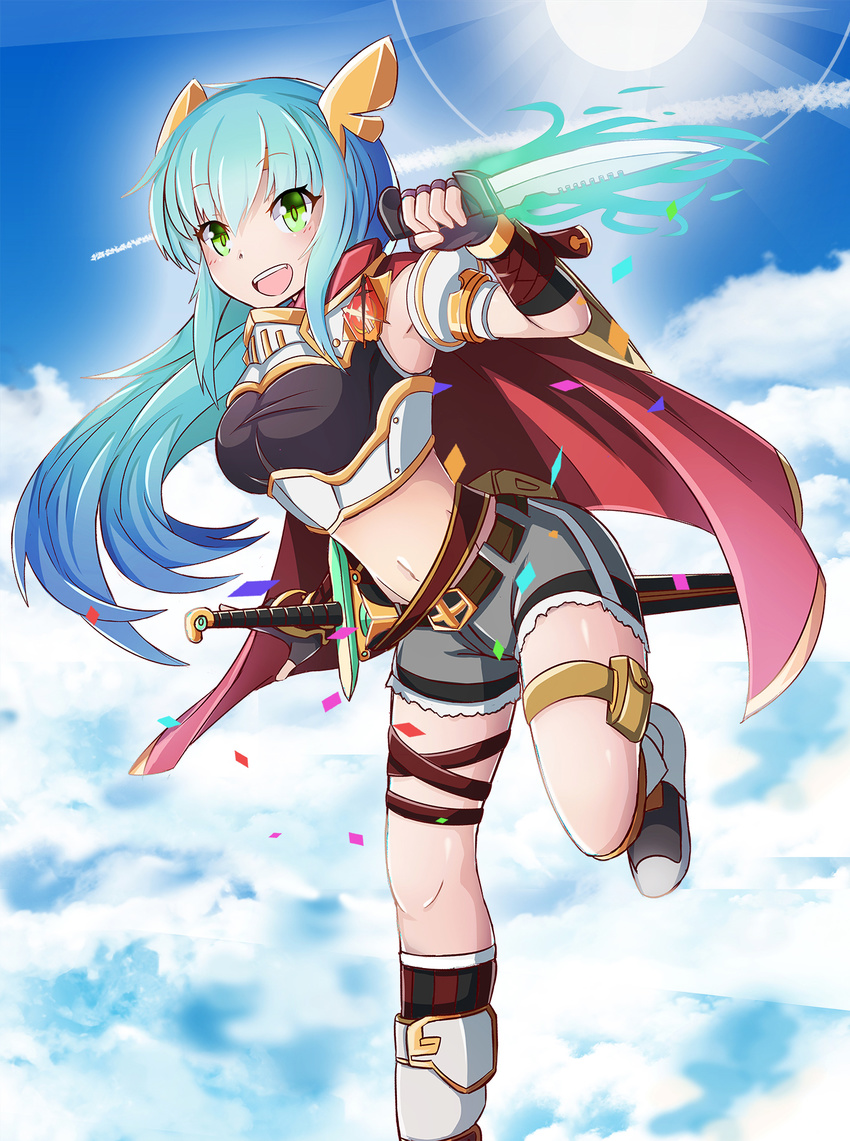 :d belt black_gloves blue_hair breasts cape combat_knife crop_top eyebrows_visible_through_hair fingerless_gloves floating_hair gloves green_eyes grey_shorts groin hair_ornament highres holding holding_knife knife leg_up long_hair medium_breasts midriff million_arthur_(series) navel open_mouth original sheath sheathed shiny shiny_skin short_shorts shorts smile solo sun sword sylphine very_long_hair weapon