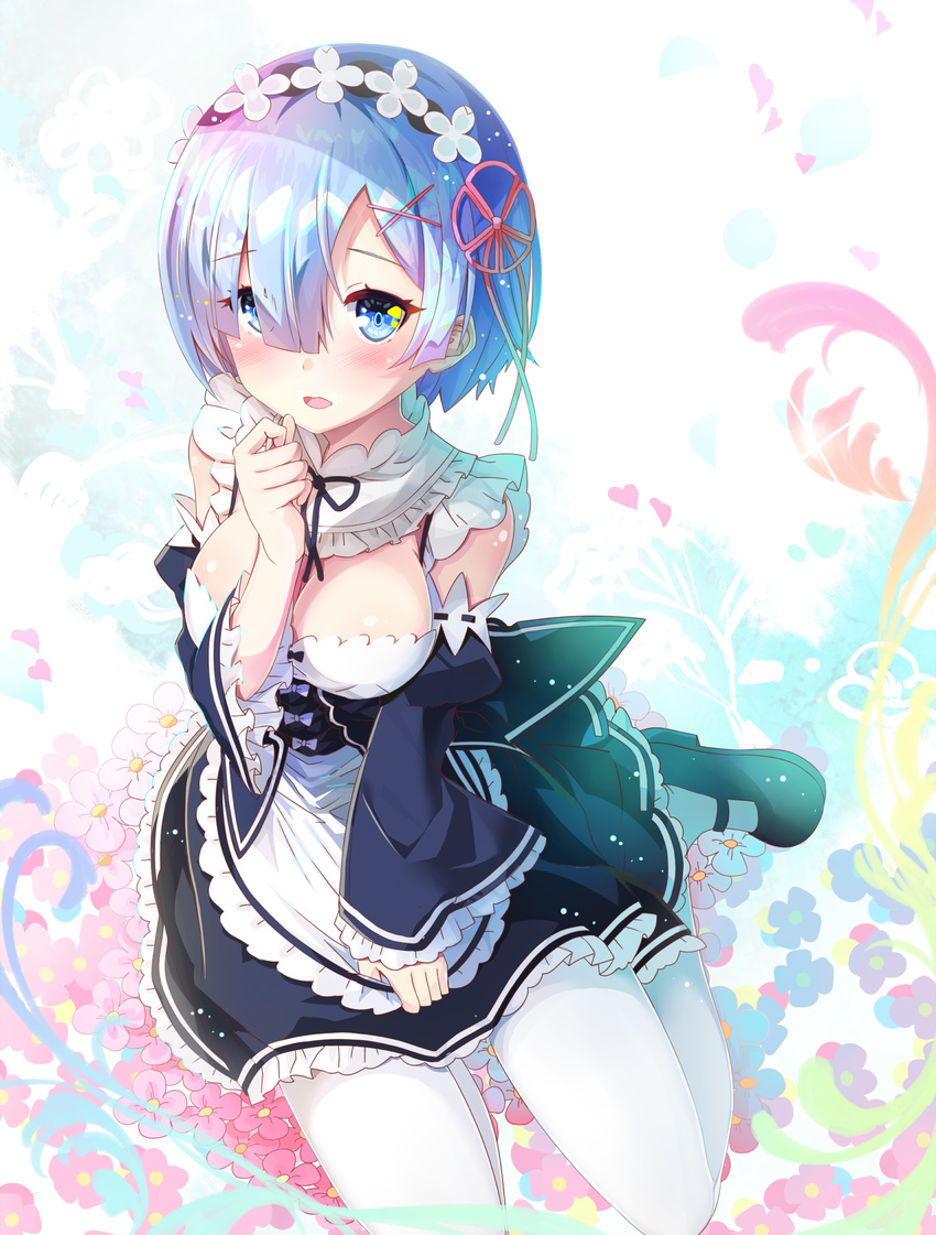 black_ribbon blue_eyes blue_hair blush breasts commentary_request detached_sleeves eyes_visible_through_hair floral_background frilled_sleeves frills hair_ornament hair_over_one_eye highres large_breasts maid maid_headdress mary_janes open_mouth pink_ribbon purple_ribbon re:zero_kara_hajimeru_isekai_seikatsu rem_(re:zero) ribbon ribbon-trimmed_clothes ribbon_trim seiza sho_(runatic_moon) shoes sitting solo underbust white_legwear x_hair_ornament