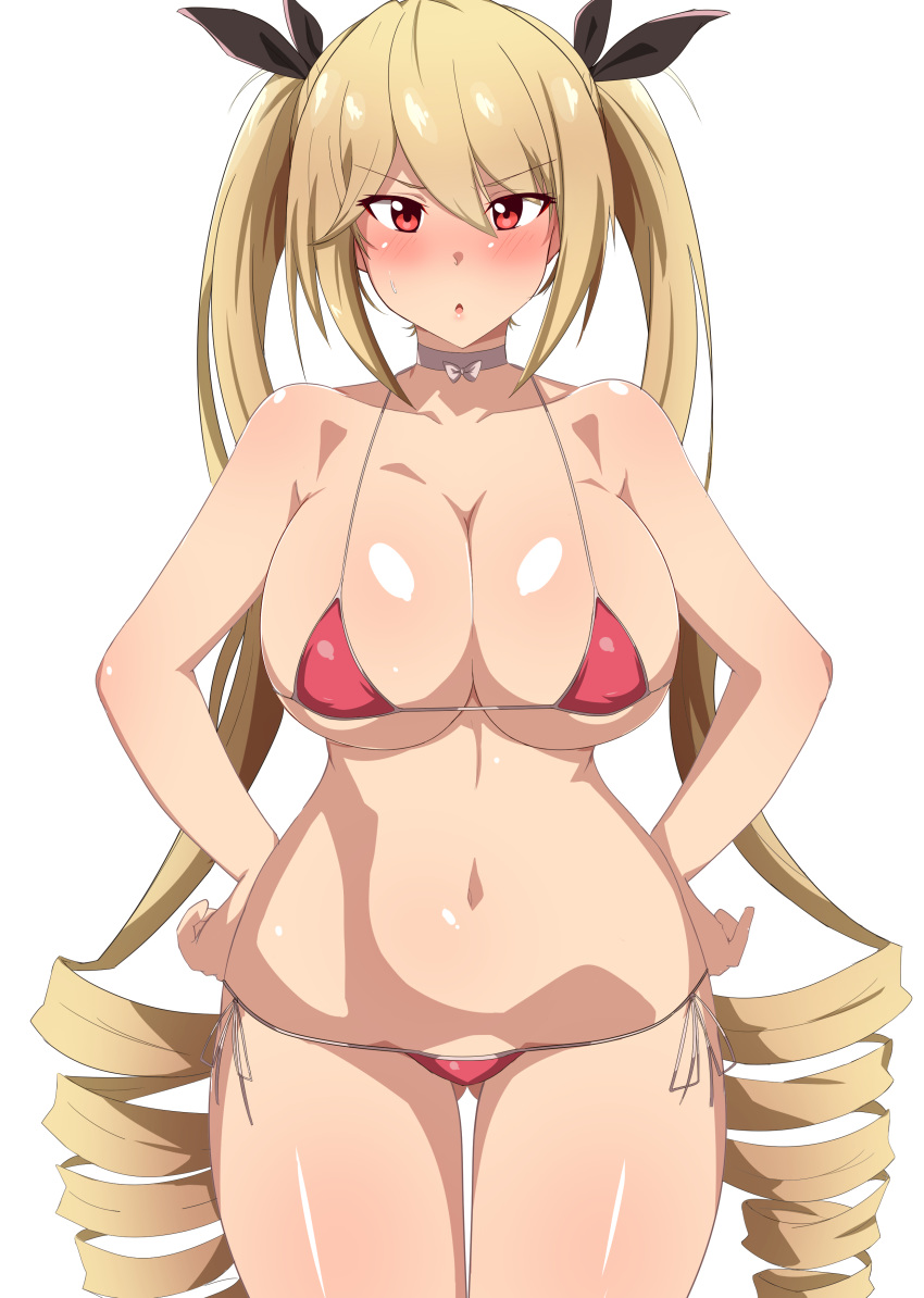 1girl absurdres azur_lane bangs bikini black_ribbon blonde_hair blush bow_choker breasts cleavage collarbone commentary_request eyebrows_visible_through_hair frown gluteal_fold hair_between_eyes hair_ribbon hands_on_hips highres large_breasts lips long_hair looking_at_viewer micro_bikini navel nelson_(azur_lane) parted_lips red_bikini red_eyes ribbon seihekiog shiny shiny_skin side-tie_bikini simple_background solo standing swimsuit thigh_gap twintails very_long_hair white_background