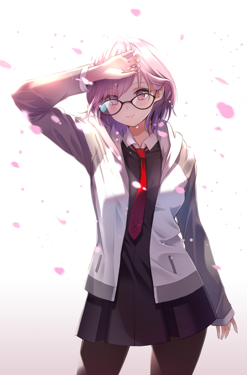 arm_up black-framed_eyewear black_dress black_legwear cardigan cherry_blossoms cowboy_shot dress fate/grand_order fate_(series) glasses highres mash_kyrielight miyaza necktie open_cardigan open_clothes pantyhose pink_hair red_neckwear short_dress short_hair smile solo sweater white_background white_sweater