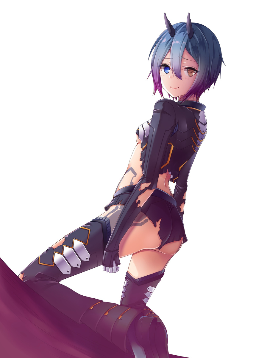 absurdres arms_at_sides ass back bangs black_legwear blue_eyes blue_hair blush breasts broken brown_eyes closed_mouth dutch_angle eyelashes from_behind gloves gradient gradient_hair hair_between_eyes heterochromia highres horns io_(pso2) kneeling light_particles looking_at_viewer looking_back midriff multicolored_hair oni_horns phantasy_star phantasy_star_online_2 purple_hair shin_guards short_hair short_shorts shorts simple_background sleeves_past_wrists small_breasts smile solo tattoo thighhighs torn_clothes torn_legwear torn_shorts torn_sleeves two-tone_hair underboob white_background white_gloves yoshida_iyo