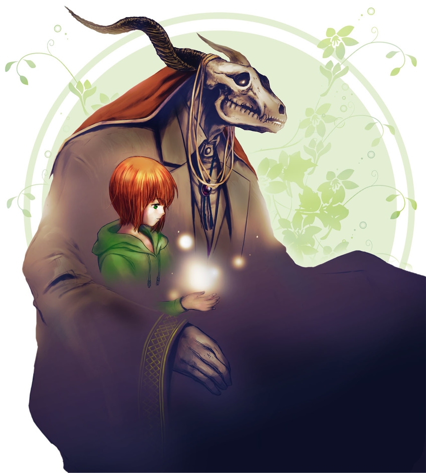 animal_skull aoyagi ellias_ainsworth flower green_background green_eyes green_jacket hatori_chise highres horns ivy jacket light_particles mahou_tsukai_no_yome monster red_hair robe short_hair size_difference