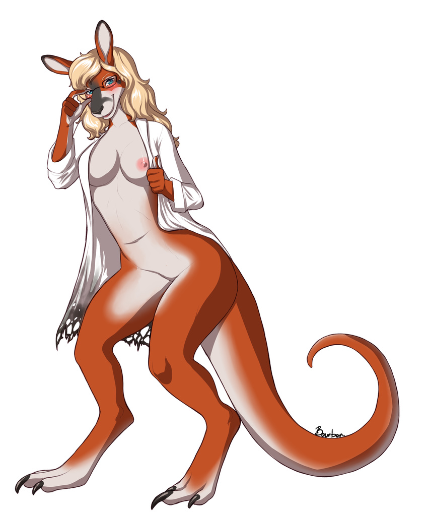anthro bourbon._(artist) breasts clothed clothing eyewear female glasses kangaroo looking_at_viewer mammal marsupial navel nipples open_shirt smile solo standing wide_hips