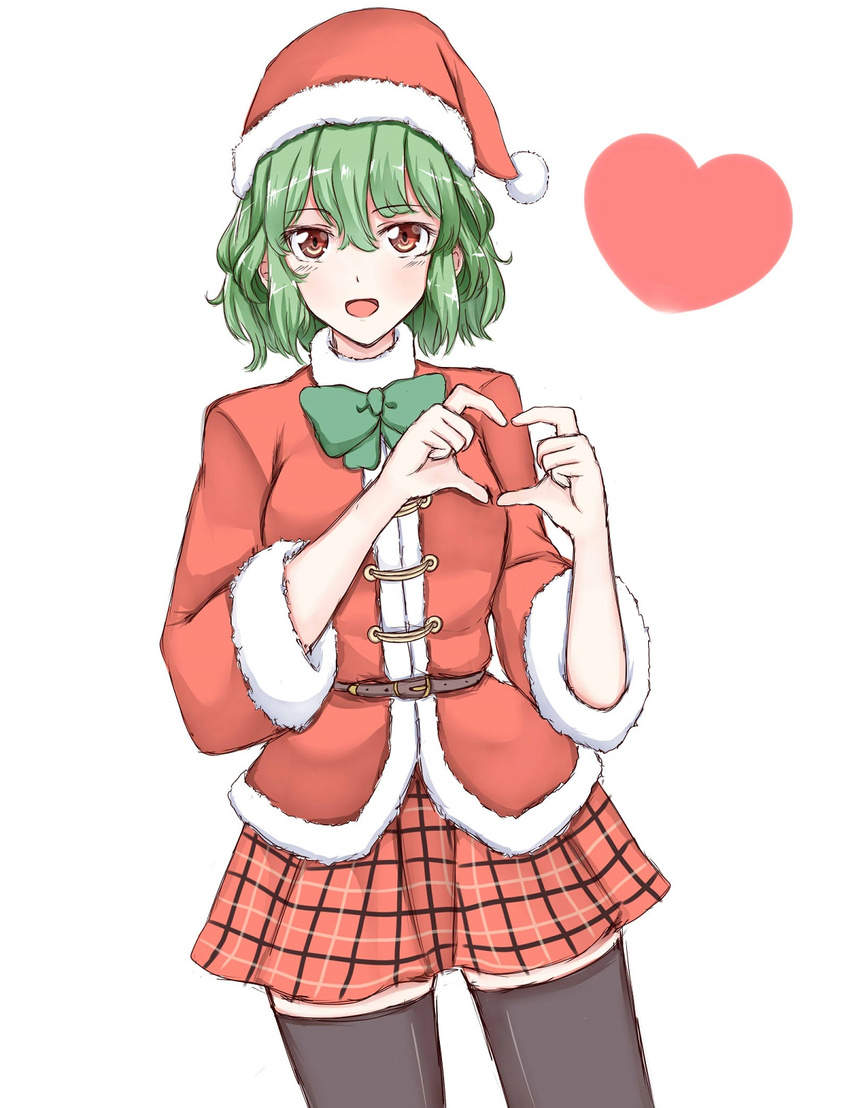 :d bangs belt belt_buckle black_legwear blush bobblehat bow bowtie buckle cowboy_shot eyebrows_visible_through_hair fur-trimmed_sleeves fur_trim green_bow green_hair green_neckwear hair_between_eyes hand_gesture hat heart heart_hands highres kazami_yuuka long_sleeves looking_at_viewer open_mouth plaid plaid_skirt red_eyes red_hat red_skirt santa_costume short_hair simple_background skirt smile solo standing thighhighs touhou wendell white_background zettai_ryouiki