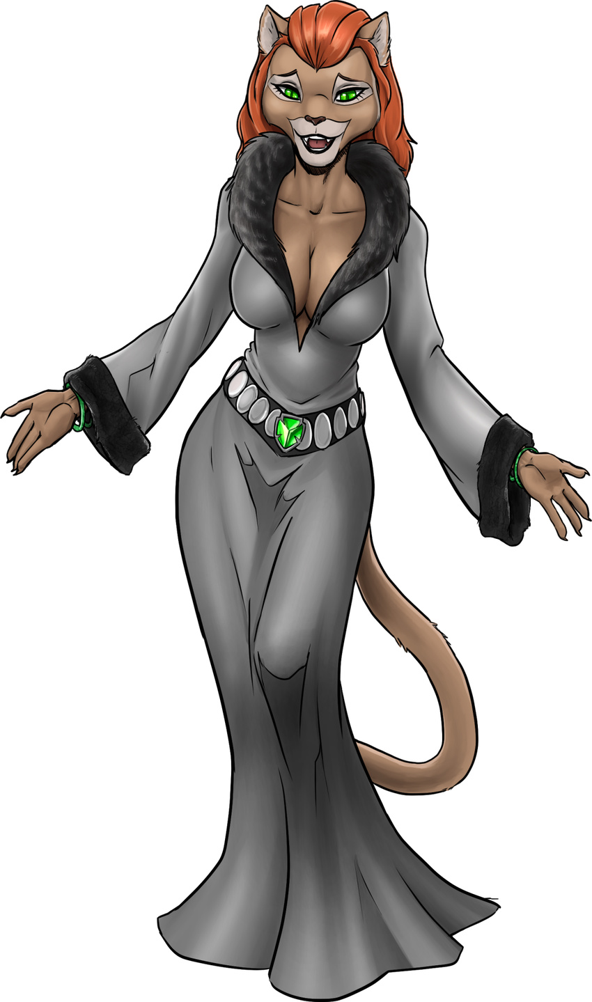 2016 alpha_channel anthro bracelet breasts brown_fur cat catrina_(mlp) claws cleavage clothed clothing dress emerald_(gem) fangs feline female fur gem green_eyes hair hi_res jewelry mammal my_little_pony pencils_(artist) red_hair simple_background slit_pupils smile solo spread_arms teeth transparent_background