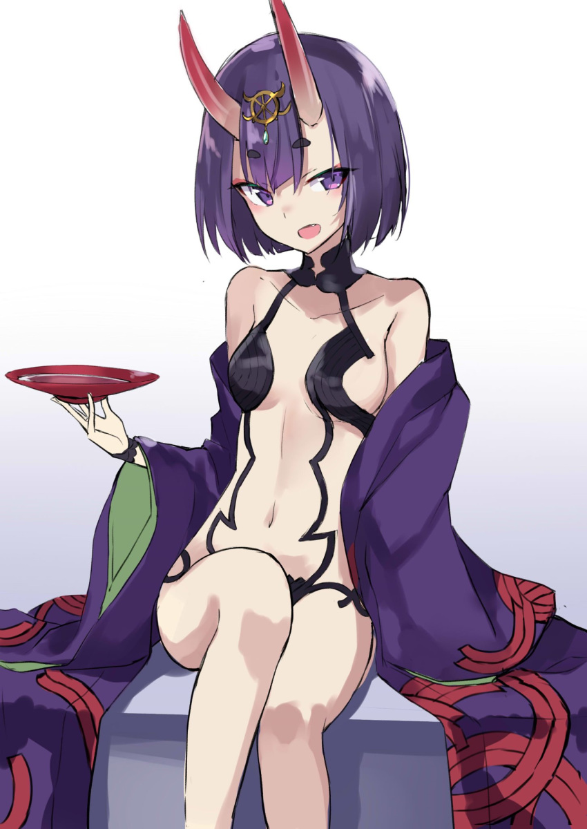 1girl alcohol breasts choker cup fate/grand_order fate_(series) highres holding horns long_sleeves looking_at_viewer navel open_mouth purple_eyes purple_hair sakazuki sake short_hair shuten_douji_(fate/grand_order) sideboob simple_background sitting sketch small_breasts solo underboob white_background