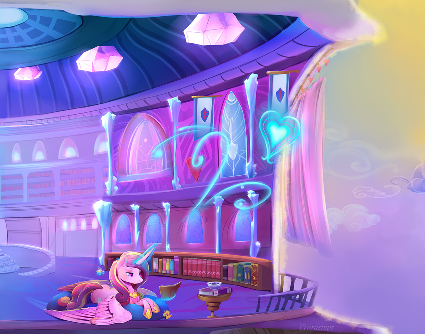 book cutie_mark detailed_background equine eyelashes feathered_wings feathers female feral friendship_is_magic hooves horn lying magic mammal my_little_pony pink_feathers princess_cadance_(mlp) reading smile solo viwrastupr winged_unicorn wings