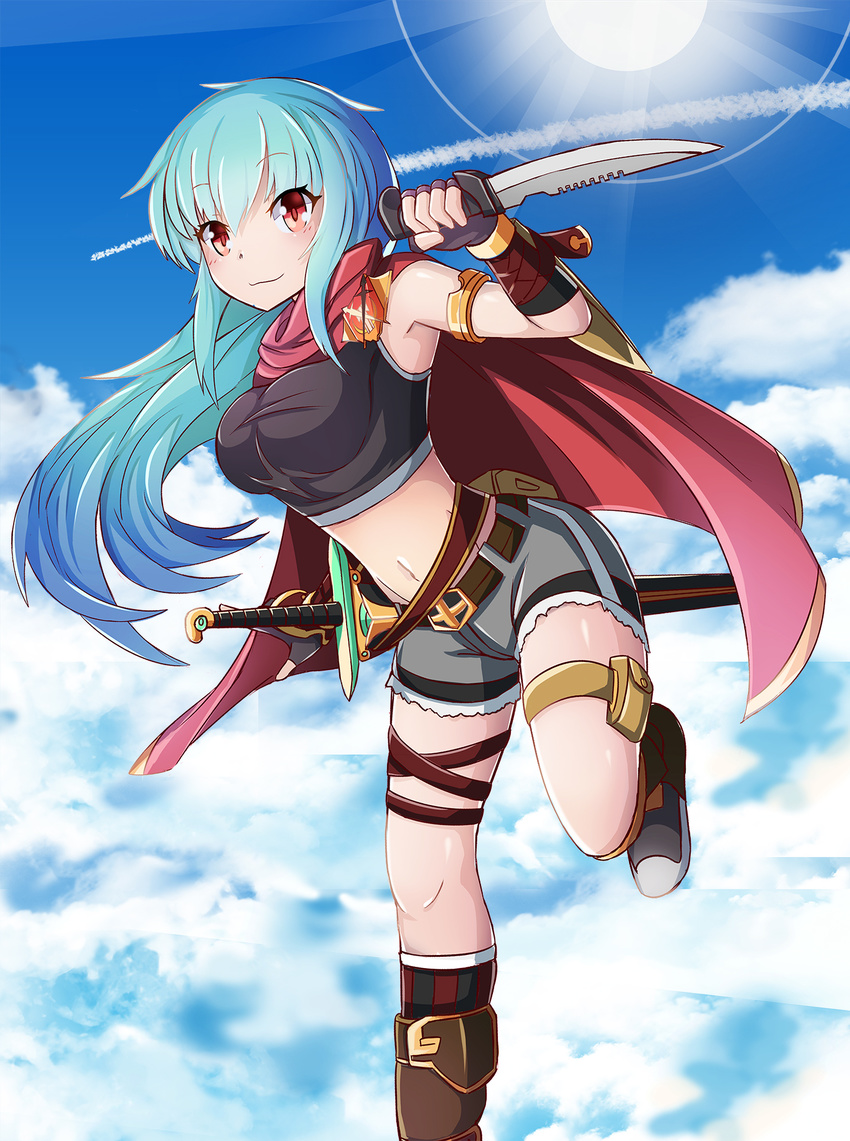 belt black_gloves blue_hair breasts cape combat_knife crop_top eyebrows_visible_through_hair fingerless_gloves floating_hair gloves grey_shorts groin hair_ornament highres holding holding_knife knife leg_up long_hair medium_breasts midriff million_arthur_(series) navel original red_eyes sheath sheathed shiny shiny_skin short_shorts shorts smile solo sun sword sylphine very_long_hair weapon