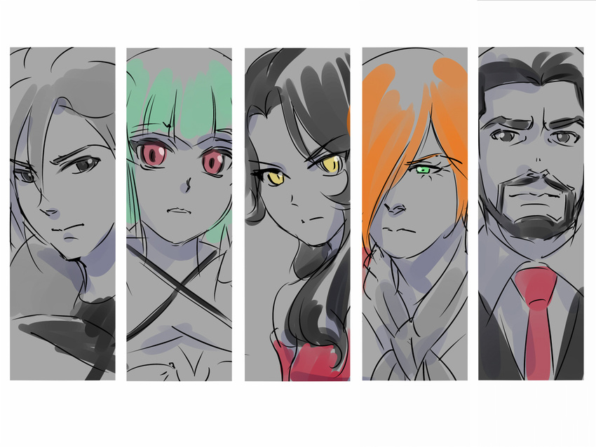 3boys black_hair cinder_fall emerald_sustrai green_eyes green_hair hei_junior_xiong iesupa mercury_black multiple_boys multiple_girls orange_hair red_eyes roman_torchwick rwby yellow_eyes