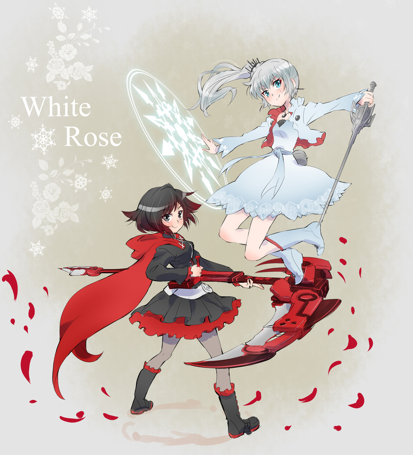 absurdres black_hair blue_eyes boots cape crescent_rose dress english flat_chest highres holding holding_sword holding_weapon iesupa jacket left-handed multiple_girls myrtenaster pantyhose petals ponytail ruby_rose rwby sash scar scar_across_eye scythe short_dress silver_eyes spell sword weapon weiss_schnee white_hair white_jacket