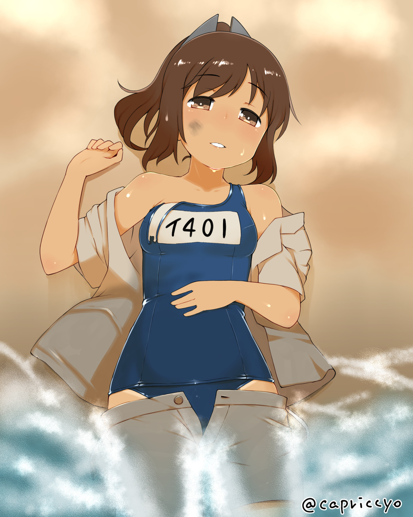 brown_eyes brown_hair brown_shirt brown_shorts capriccyo clothes_removed dress_shirt hair_ornament hairclip highres i-401_(kantai_collection) kantai_collection lying name_tag one-piece_swimsuit one-piece_tan open_clothes ponytail sailor_collar sand school_swimsuit shirt short_ponytail shorts shorts_pull solo swimsuit swimsuit_under_clothes tan tanline water