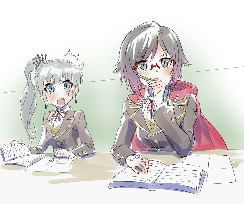 bespectacled black_hair blue_eyes book cape flat_chest glasses iesupa multiple_girls out_of_character paper pencil ponytail rimless_eyewear ruby_rose rwby scar scar_across_eye school_uniform silver_eyes sketch surprised weiss_schnee white_hair