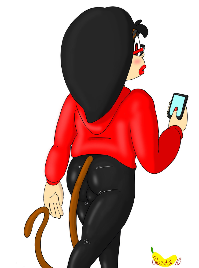 banana_blast3r_(artist) bulge butt clothed clothing colored_nails girly hoodie iggy leather looking_back makeup mammal monkey phone primate