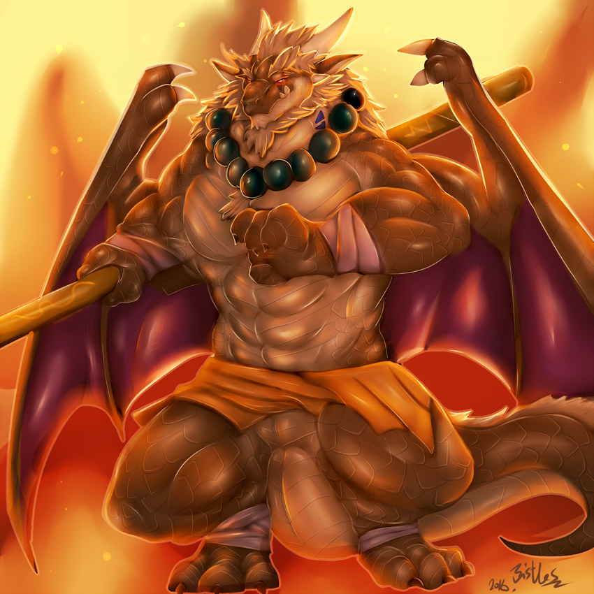 &lt;3 2016 abstract_backgound bristles bulge clothing dragon glowing glowing_eyes horn jewelry loincloth looking_at_viewer male mane martial_arts muscular necklace red_eyes smile smirk solo staff underwear wings